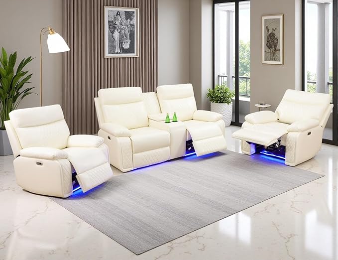 Power Reclining Sofa Set, 3PCS Living Room Set with Recliners, Recliner Loveseat & 2 Chairs with Cup Holders/Charging, Breathing Leather Reclining Couch for Home Theater/Office, Cream White