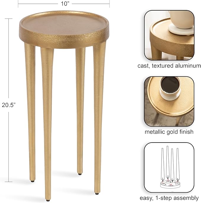 Kate and Laurel Rava Modern Metal Round Drink Table, 10 x 10 x 21, Gold, Cast Aluminum Accent Table for Use as Indoor Plant Stand or Living Room Decor Piece