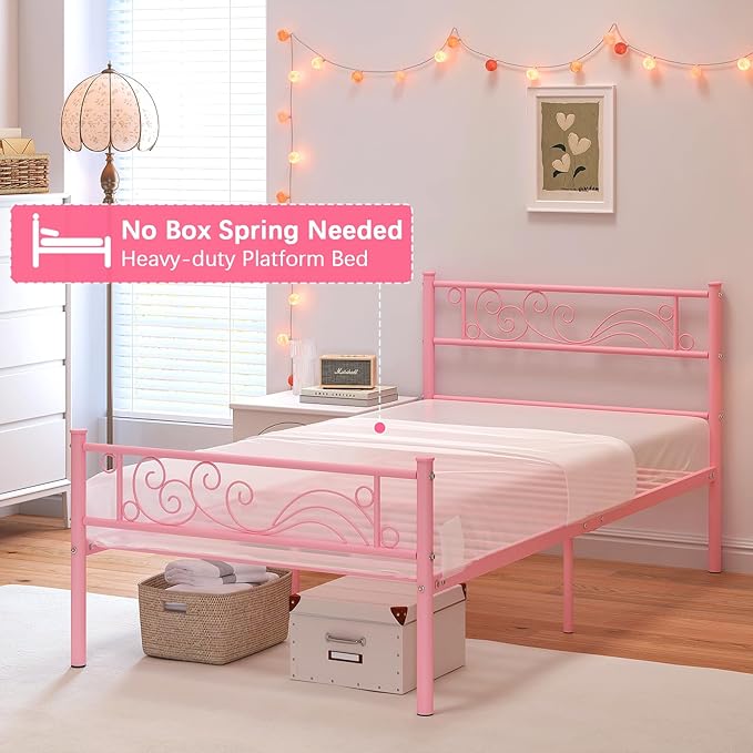 Weehom Twin Bed Frames Metal Platform Heavy Duty Steel Slat Under Bed Storage for Kids Pink