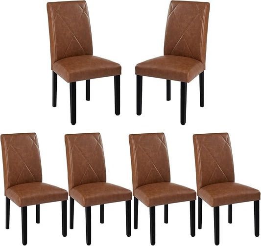 VECELO Upholstered Dining Chairs Set of 6, Modern PU Leather and Solid Wood Legs & High Back for Kitchen/Living Room- Brown