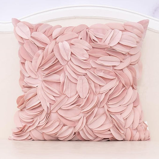 Alerfa 3D Leaves Handmade Throw Pillow Cover Decorative Floral Velvet Pillowcase Cushion Cover for Couch Bed Living Room Home Decor 18 x 18 Inche, Pink