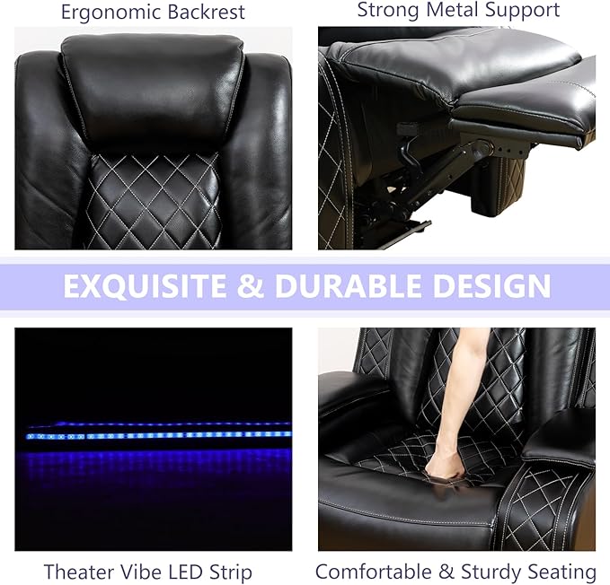 Power Leather Recliner Sofa Chair, Living Room Furniture Sets, Breathing Leather Reclining Couch Chair, Single Black Recliner with Padded Arm/Charging Port/LED for Home Theater/Office, Black