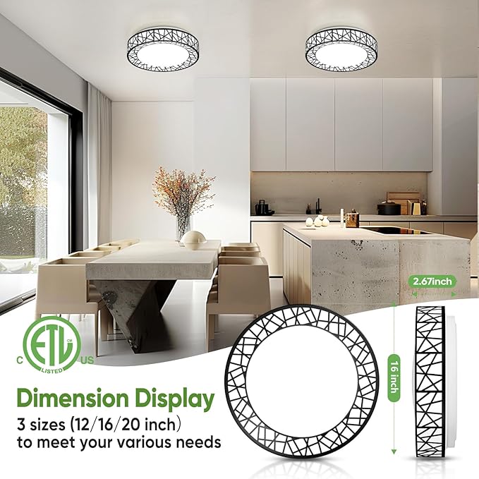 16 Inch Flush Mount Ceiling Light, Modern Black LED Ceiling Light Fixture, 28W 2800LM 2700-6500K Adjustable, Dimmable Ceiling Lights for Bedroom, Kitchen, Hallway, Bathroom, ETL Listed