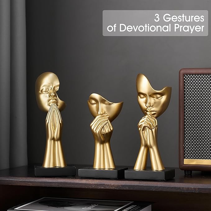 3 Pcs Gold Decor Prayer Statues, Modern Prayer of Peace Figurines Home Decorations for Living Room, Abstract Art Sculptures for Bedroom Bookshelf Coffee Table Centerpiece, Gifts for Women
