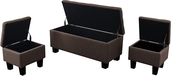 AC Pacific Tina Mid-Century Modern Tufted Storage Bench Lift Top with 2 Matching Ottomans, Upholstered Accent Seating for Living Room or Bedroom, Brown