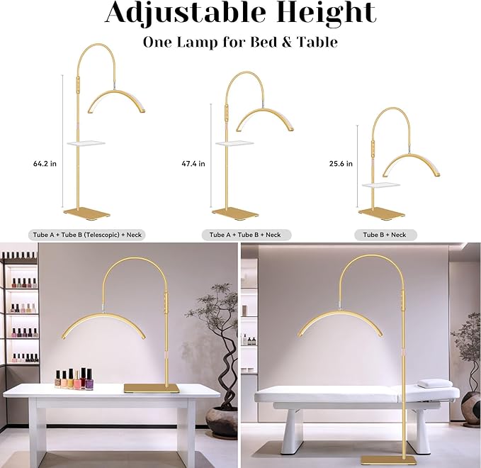 Bling Lash Light for Eyelash Tech, Flexible Neck Led Half Moon Light Floor Lamp for Extensions Tattoo Artists, Professional Shadow-Free Esthetician Light with Stand Tray, Crystal Diamond Gold