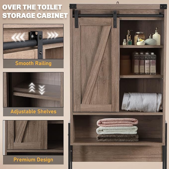 Over The Toilet Storage Cabinet, Behind Toilet Bathroom Organizer with Adjustable Shelves, Above Toilet Organizers with Barn Door, Space Saver for Restroom, Bathroom, Laundry, Grey