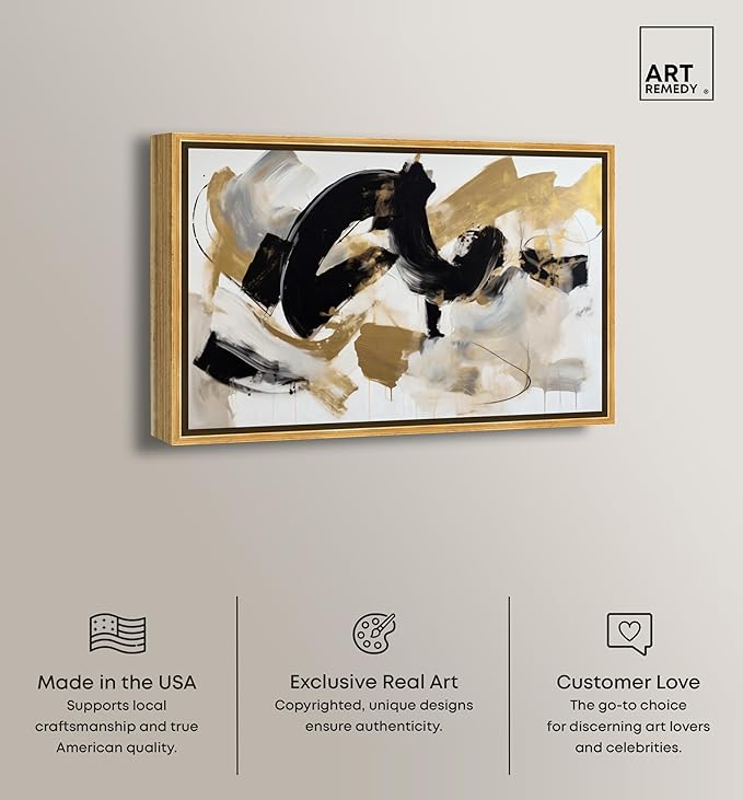 Art Remedy Moved Abstraction Canvas Modern Black White Abstract Wall Art, Gold Frame, 45" x 30"