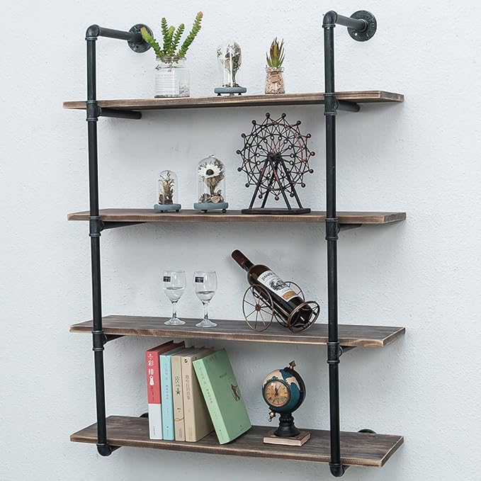 Industrial Pipe Shelving Wall Mounted,36in Rustic Metal Floating Shelves,Steampunk Real Wood Book Shelves,Wall Shelf Unit Bookshelf Hanging Wall Shelves,Farmhouse Kitchen Bar Shelving(4 Tier)