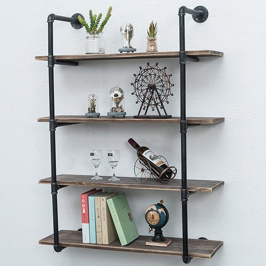 Industrial Pipe Shelving Wall Mounted,36in Rustic Metal Floating Shelves,Steampunk Real Wood Book Shelves,Wall Shelf Unit Bookshelf Hanging Wall Shelves,Farmhouse Kitchen Bar Shelving(4 Tier)