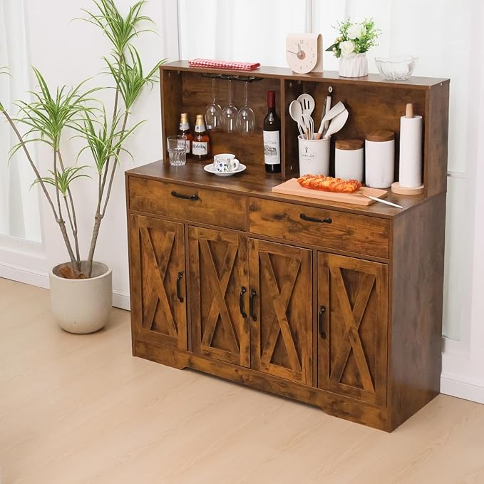 Sideboard Buffet Cabinet with Storage, 47'' Farmhouse Coffee Bar Cabinet, Kitchen Pantry Storage Cabinet with Doors and Shelves for Dining Room, Living Room, Kitchen, Brown
