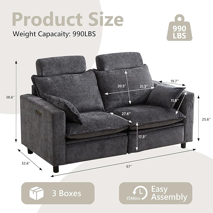 GUEAPY Cloud Couch Power Reclining Sofa Loveseat-Oversized Reclining Sectional Couches, Modern Power Recliner Sofa/Couches for Living Room, Comfortable Recliner Couches with Soft Upholstery Pillows