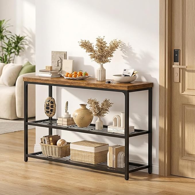 47" Console Table with Storage, 3-Tier Narrow Entryway Table, Sofa Table with Mesh Shelves, Console Tables for Living Room, Bedroom, Hallway, Entryway, Foyer, Rustic Brown