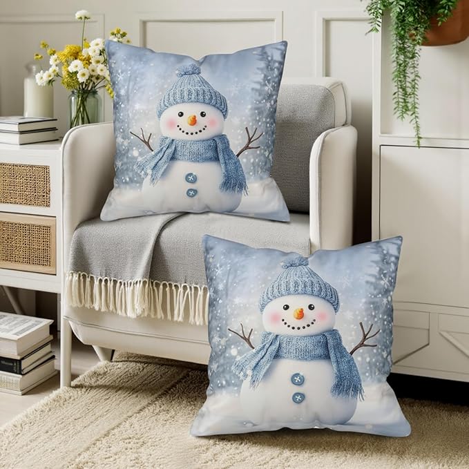 Blue Snowman Throw Pillow Covers Winter Pillow Covers 22x22 Snowflakes Pillow Case Double Sided Printing Cushion Case for Home Decor Couch Sofa Set of 2