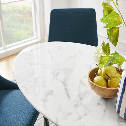 Modway Lippa 48" Oval-Shaped Mid-Century Modern Dining Table with Artificial Marble Top and White Base