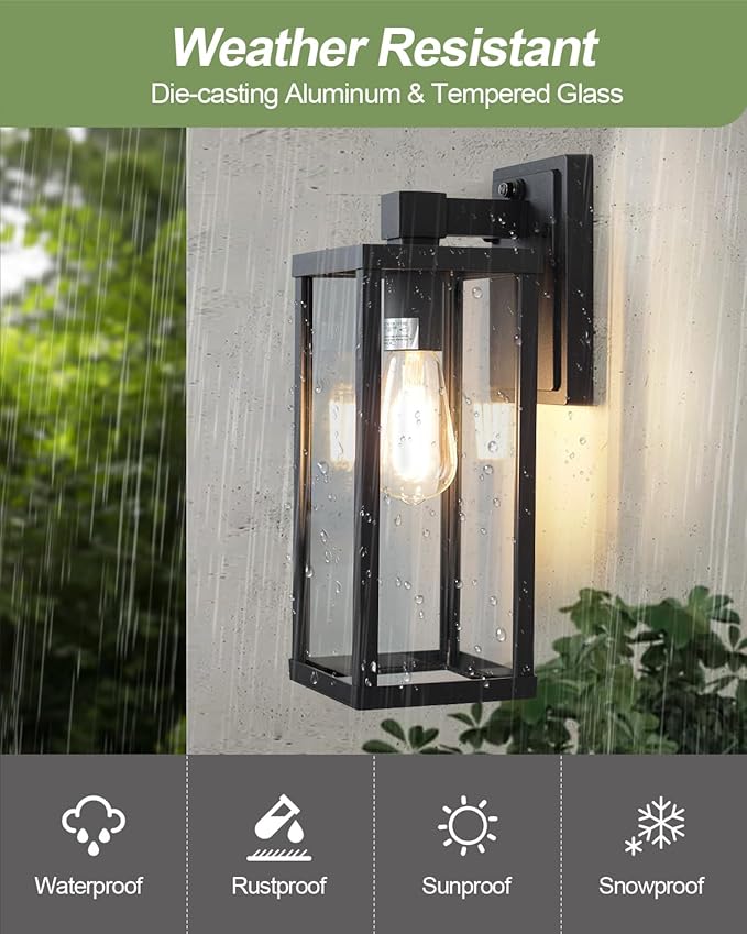LITFIT 14'' Dusk to Dawn Outdoor Lighting, Die-Casting Aluminum Exterior Wall Sconces, Hardwired Black Outside Lighting for House, Garage, Porch,Front Door, Patio, 2-Pack, Bulbs Not Included