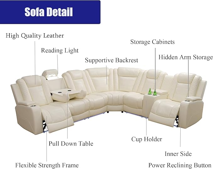 Leather Living Room Furniture Set, Power Reclining Sectional Sofa Set Creamy White, Breathing Leather Recliners Sofa with LED USB Ports and Storage Console, Reclining Couch Set for Home/Office
