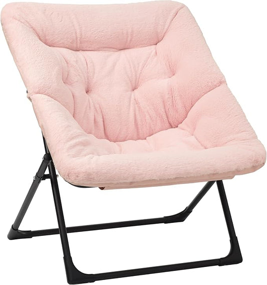 Comfy Saucer Chair for Adults, Soft Faux Fur Bedroom Chair, Accent Dorm Chairs, Flexible Living Room Reading Chairs, Oversized Folding Seat for Teens, X-Large, Light Pink