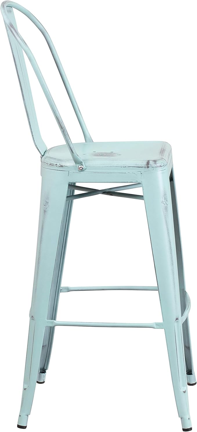 Flash Furniture Commercial Grade 30" High Distressed Green-Blue Metal Indoor-Outdoor Barstool with Back