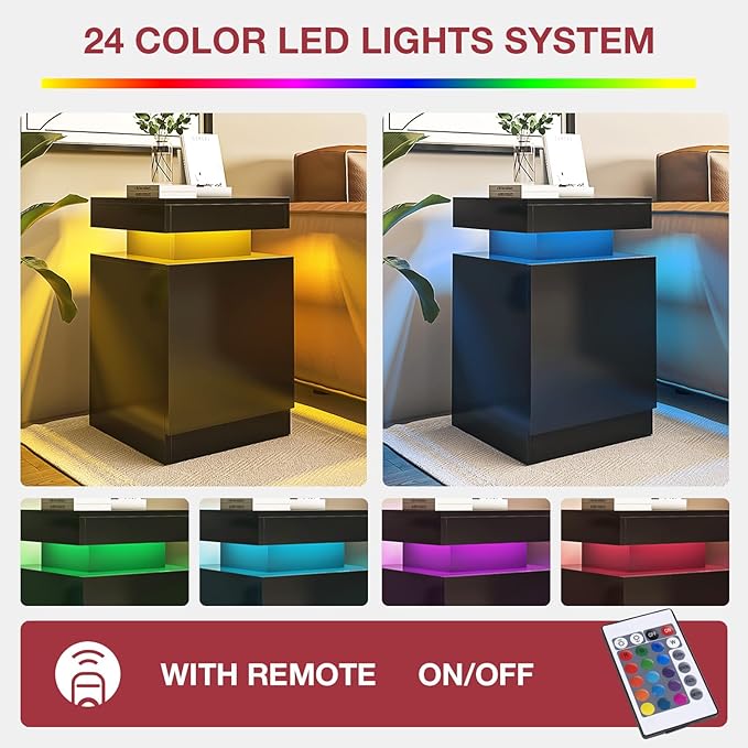 Nightstands Set 2, 15 Inches LED Night Stand Set of 2, Modern Bedside Table with LED Lights, High Gloss Surface, End Table with Storage for Bedroom, Black