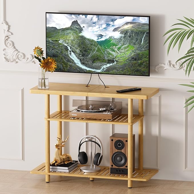Bamboo TV Stand, Small TV Stands for up to 32 Inch, 3-Tier Entertainment Center TV Shelf with Storage, Sturdy Corner TV Stand for Small Spaces, 31.5 x 24.2 x 11.8 inches