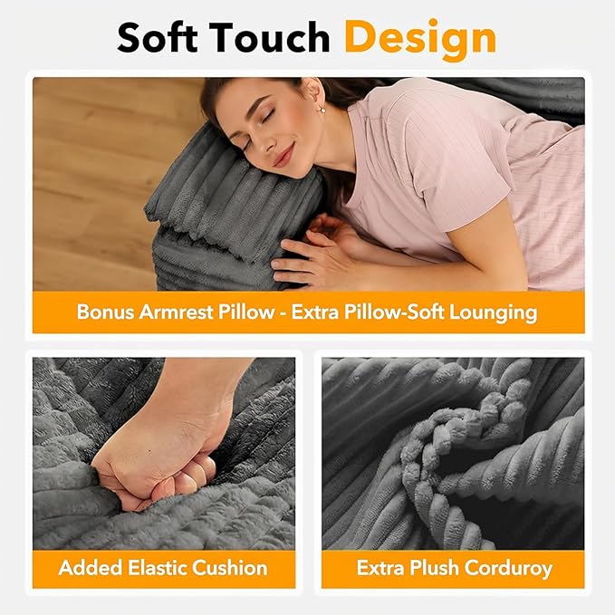 Loveseat Sofa, Boneless Cloud Couch for Living Room 2 Seater Modern Lounge Sleeper Couch with Removable Cover Corduroy Sofa with Armrest, Seat Cushion & Pillows for Small Spaces, Dark Grey