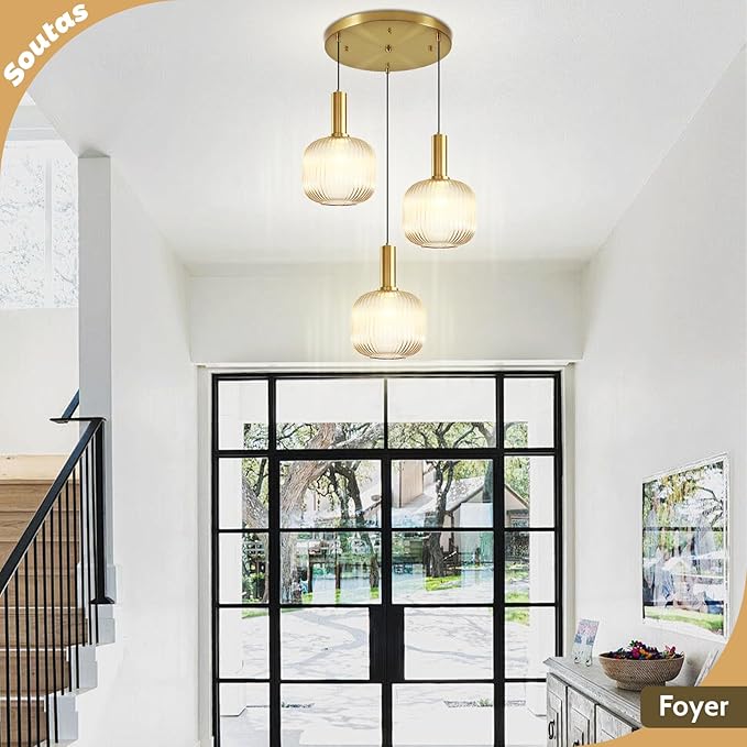 Gold Cluster Pendant Lights, 3-Light Dining Room Light Fixture Over Table, Modern Kitchen Island Chandelier, Multi Light Pendant Lighting Fixtures Ceiling Hanging with Amber Glass Shade