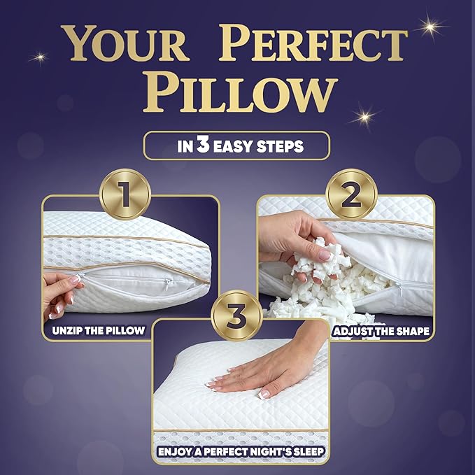 Royal Therapy Queen 4-Pack Memory Foam Pillow, Adjustable Shredded Odor-Free Cut-Out Bed Pillow for Neck & Shoulder Pain Relief, Breathable Support for Back, Stomach, Side Sleepers, BioForm
