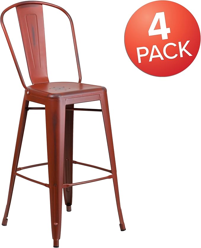 Flash Furniture Blake Commercial Grade 4 Pack 30" High Distressed Kelly Red Metal Indoor-Outdoor Barstool with Back