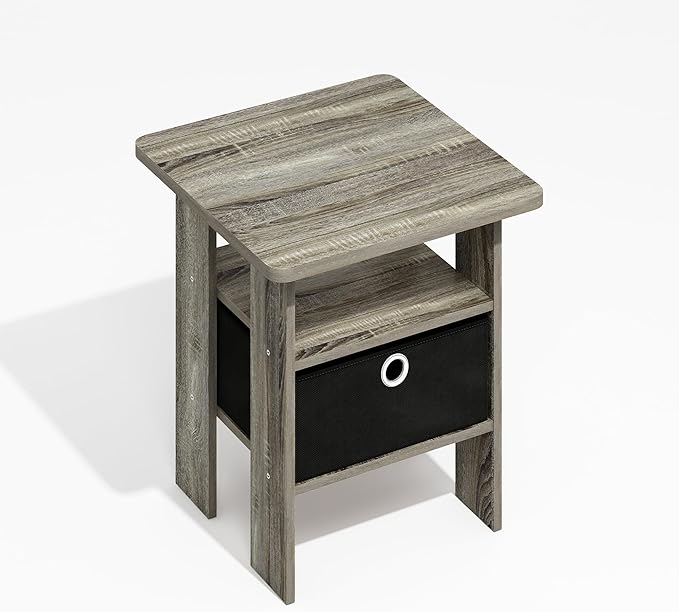 Furinno Modern Side Table, Square Top End Table with Storage Bin, Night Stand, Bedside Table with Storage Shelf, for Living Room, Bedroom, Grey Oak