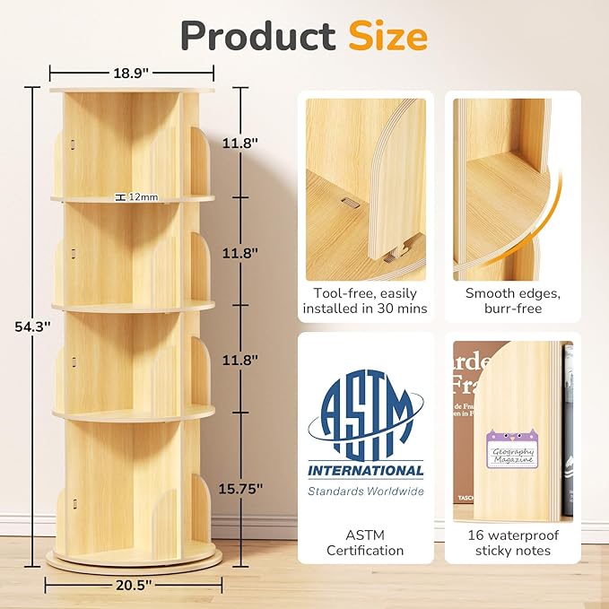 BIERUM 4 Tier Rotating Bookshelf, 360 ° Display Spinning Bookshelf Tower for Kids, Revolving Bookcase Narrow Book Shelf for Small Space, Rotating Bookshelves for Kids Room, Bedroom, Living Room