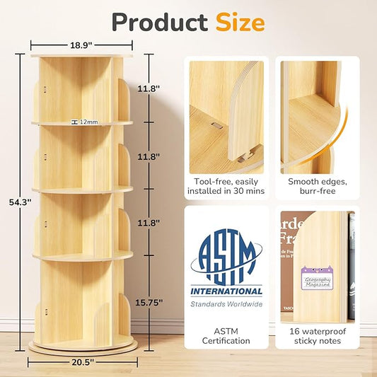 BIERUM 4 Tier Rotating Bookshelf, 360 ° Display Spinning Bookshelf Tower for Kids, Revolving Bookcase Narrow Book Shelf for Small Space, Rotating Bookshelves for Kids Room, Bedroom, Living Room