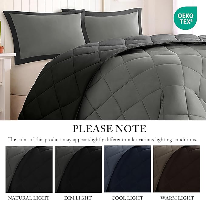 Madison Park Comforter Set, Reversible Down Alternative All Season Microfiber Bedding, 3M Scotchgard Stain Release, Full/Queen Dorm Comforter, Black/Grey