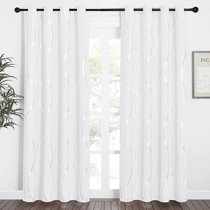NICETOWN White Curtains Panels for Bedroom 2 Panles Set, 52 inch x 84 inch, Wave Line Foil Print Design Curtains for Patio Sliding Door