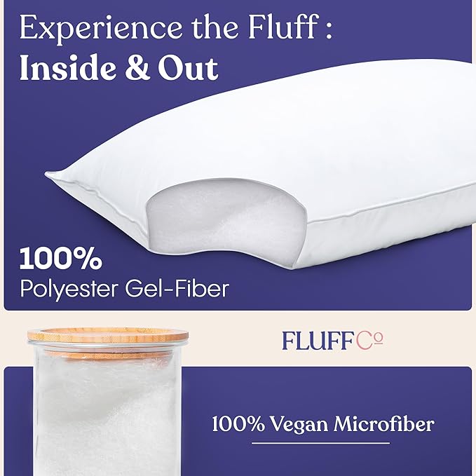 FluffCo Basics Down Alternative Bed Pillows - Cooling Cotton Shell with Supportive Gel-Fiber Fill - Pillows for Side, Back, and Stomach Sleepers - Made in USA - Standard/Queen Size, Set of 2