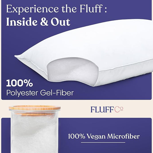 FluffCo Basics Down Alternative Bed Pillows - Cooling Cotton Shell with Supportive Gel-Fiber Fill - Pillows for Side, Back, and Stomach Sleepers - Made in USA - Standard/Queen Size, Set of 2