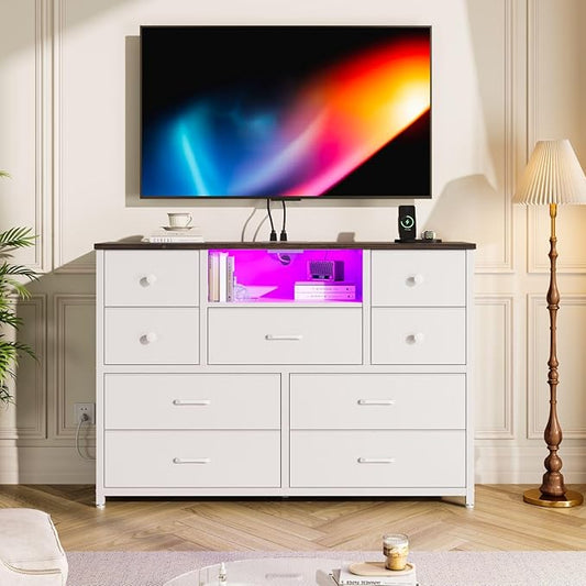 NONGSHIM Dresser with Charging Station and LED Lights, Long Dressers for Bedroom Dresser TV Stand with 9 Drawers, Fabric Chest of Drawers with PU Finish, Wide Dressers Storage Organizer, White+Walnut