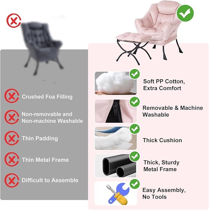 Lazy Chair with Ottoman, Modern Chair with Folding Footrest, Velvet Pink Accent Chair, Comfortable Reading Chair, Oversized Armchairs for Bedroom, Study, Living Room, Courtyard