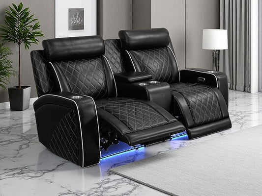 Living Room Furniture Sets, Breathing Leather Power Reclining Loveseat with Cup Holders, 2 Seater Leather Sofa Couch with 2 Recliners/Storage Console/USB Port for Living Room/Office/Home Theater