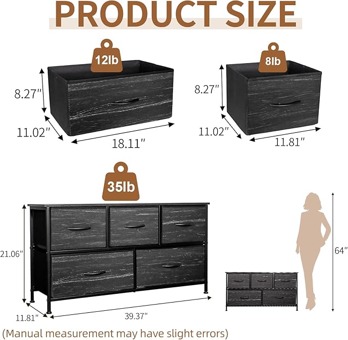 SHAWKEN Dresser for Bedroom with 5 Drawers,Slim Space-Saving Storage Unit with Fabric Bins,Budget-Friendly Organizer for Closet,Hallway,Studio Apartment (Grey Woodgrain)