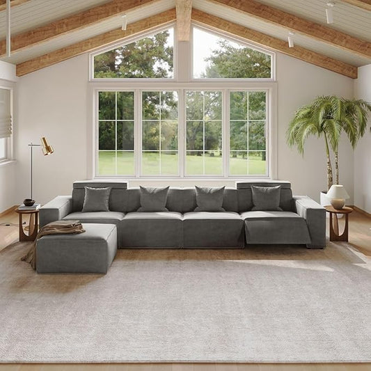 145" Power Sofa,Modular Sectional Couches for Living Room,Modern Large Sofa with Recliners,Comfy Velvet Cloud Couch with Deep Seat with 1 Ottoman,Pet Friendly,Free Combination for Home(Dark Gray)