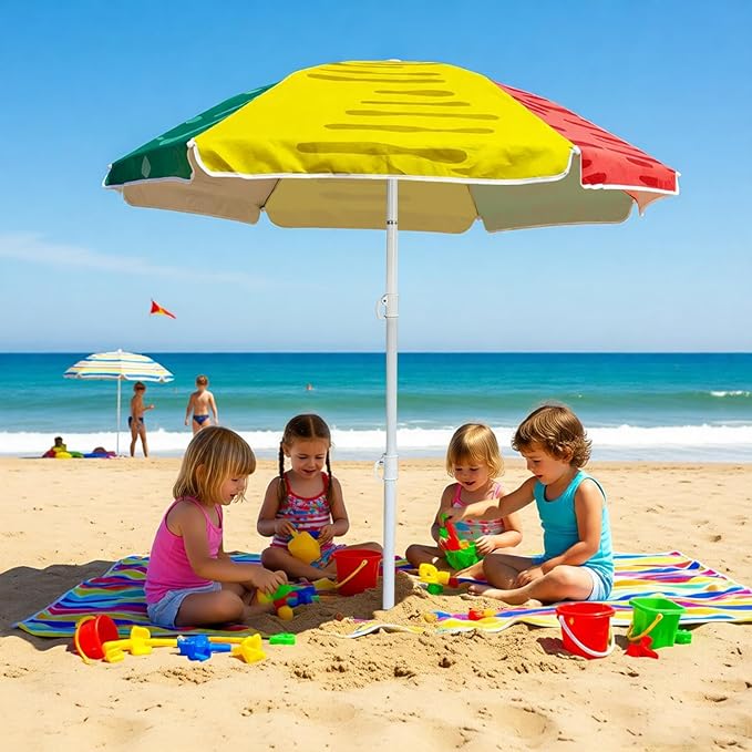 LOTTAFUN Water Table Kid Umbrella 5ft Beach Umbrella - Heavy Duty Wind Resistant UV 50+ Portable Sun Shade with Sand Anchor & Carry Bag, Outdoor Folding Umbrella for Beach,Pool,Patio,Garden (3 Color Block)