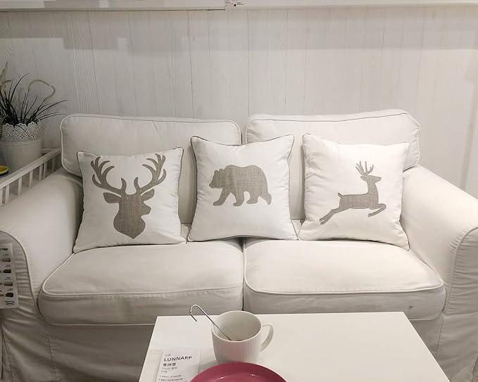 Animal Cotton Throw Pillow Covers Moose Pattren Embroidered 18x18 Inches for Couch Cushions Covers (White)