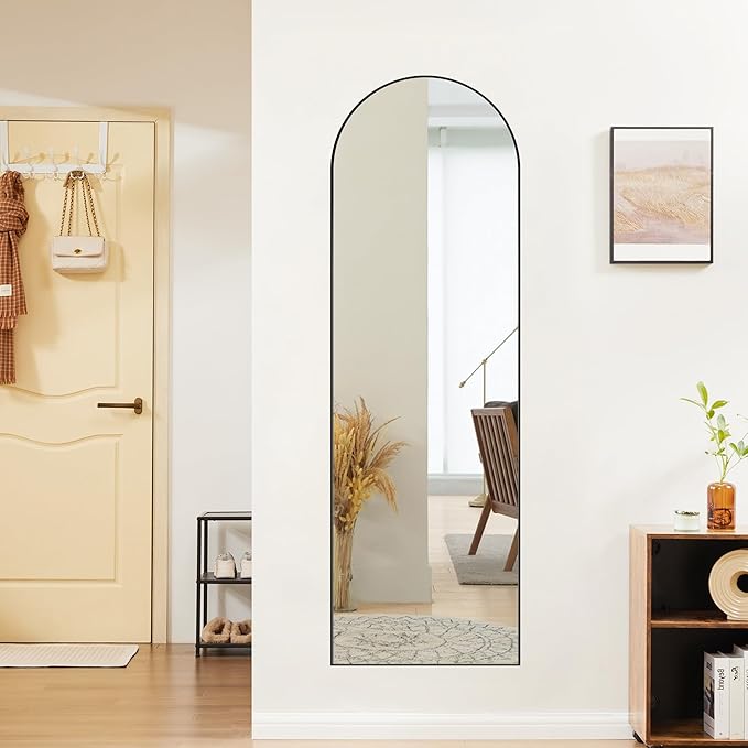 Sweetcrispy Arched 59"x16" Full Length Mirror Full Body Floor Mirror Standing Hanging or Leaning Wall, Arch Wall Mirror with Stand Aluminum Alloy Thin Frame for Bedroom Cloakroom,Black