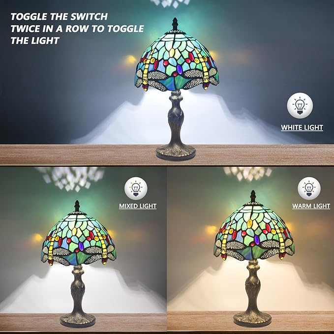 MIAOKE Stained Glass Table Lamp,Stained Glass Crystal Bead Style Table Light, Handmade Desk Bedside Night Light, Antique Art Craft Gifts Lover Living Room Bedroom Bookcase (Green Dragonfly)