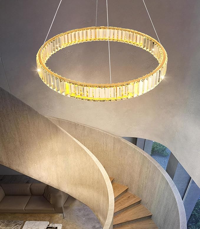 24'' Modern Ring Chandelier Crystal Chandeliers for Dining Room Round LED Dimmable Ceiling Light Fixture for Living Room Bedroom Lighting Gold