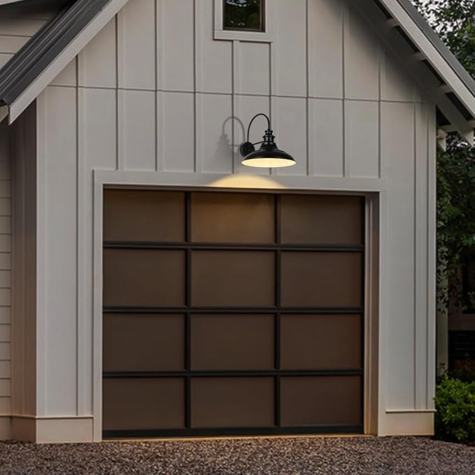 Dusk to Dawn Sensor Outdoor Barn Light Fixtures, 12.3 Inch Dome Farmhouse Outdoor Wall Sconces, Exterior Wall Mount Lights, Industrial Black White Wall Lanterns for Porch, DDRZ004-4 BK+WH