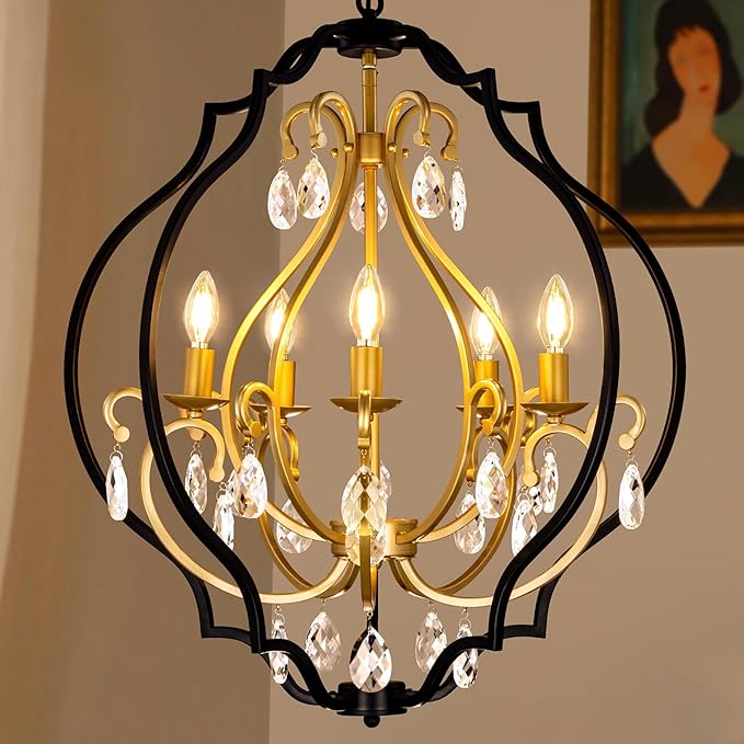 TOCHIC 27" Black and Gold Chandeliers for Dining Room 5 Lights Crystal Chandelier Light Fixture for Bedroom Vintage Orb Chandeliers for Living Room, Kitchen, Hallway