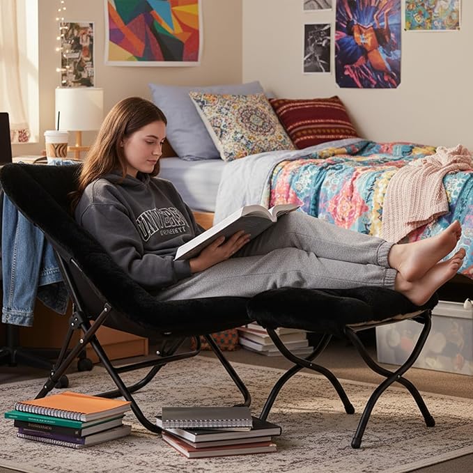 Comfy Folded Chair with Ottoman, Oversized Folding Faux Fur Chair Soft Furry Lazy Chair with Metal Frame Moon Chair Accent Chair for Bedroom, Living Room, Dorm Rooms