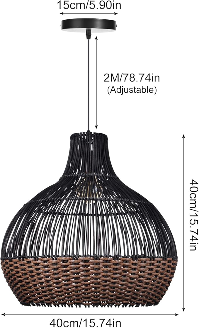 Arturesthome Rattan Pendant Lights, Wicker Chandelier Boho Basket Lighting Fixtures, Natural Woven Hanging Lamp for Kitchen Island Dining Room Black